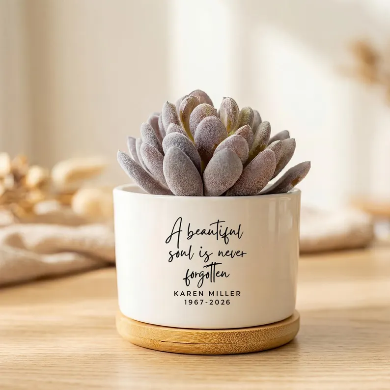 personalized memorial ceramic planter pot, “a beautiful soul is never forgotten”, custom name & dates,
