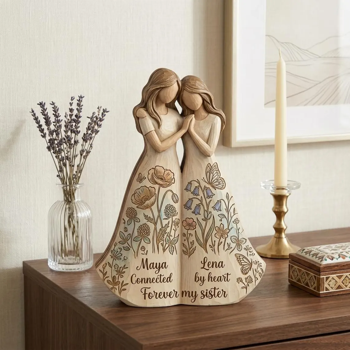 personalized siblings gift figurine, custom best friend wood carved statue, painted floral soul sister gift, forever my sister keepsake personalized siblings gift figurine, custom best friend wood carved statue, painted floral soul sister gift, forever my sister keepsake